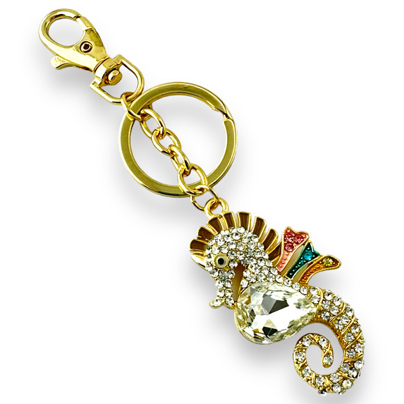 Seahorse Keychain, w/ Rhinestones Gold-tone Split Key Ring & Clip, w/ Gift Bag - Picture 2 of 4